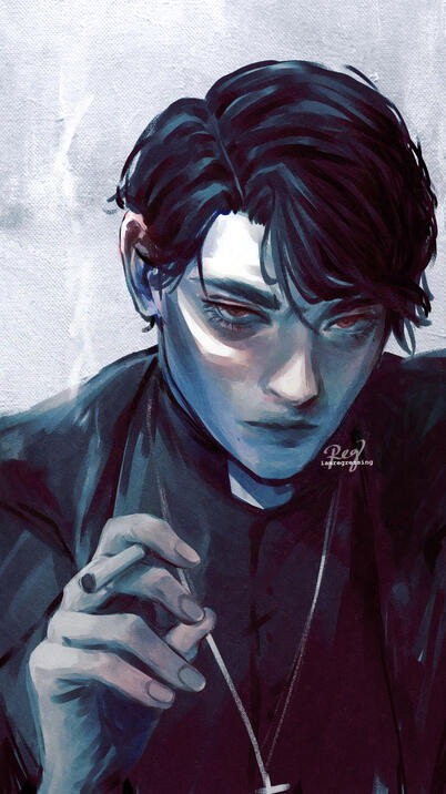 Smoking Priest, 2025, Digital Official in-game portrait of Vin from the visual novel Soul Research written and developed by Reg Ressing.